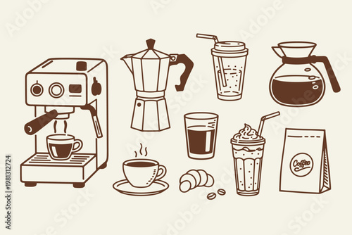 Hand-drawn coffee shop espresso machine, moka pot, coffee cups, iced drinks, croissant, and coffee bag