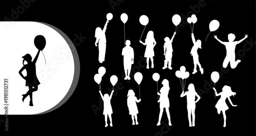 A group of happy people in white silhouettes holding balloons on a black background with a single black silhouette on the left.