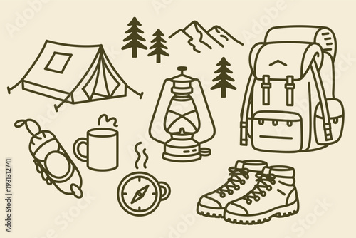 Hand-drawn camping and hiking gear collection with tent, backpack, boots, lantern, compass, and mug outdoor