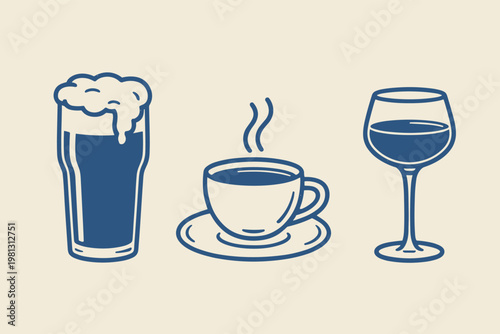Blue line of a beer glass with foam, coffee cup with steam, and wine glass on cream background, pint