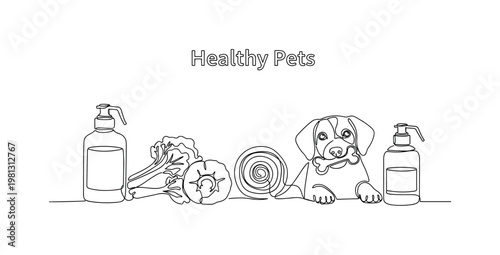 "Healthy Pets". Minimalistic one-line drawing pet enjoying healthy treat or activity alongside wellness items, continuous single black line on white