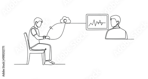 "Telehealth Tracking". Minimalistic one-line drawing patient at home with wearable device sending data to doctor screen, continuous single black line on white