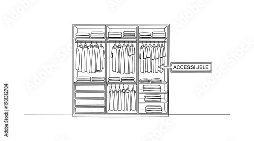 "Wardrobe Organization". Minimalistic one-line drawing open closet with neatly arranged clothes and highlighted accessible section, continuous single black