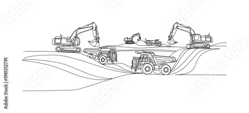 "Site Decommissioning". Minimalistic one-line drawing heavy machinery being removed from mining area with clean terrain forming, continuous single black line