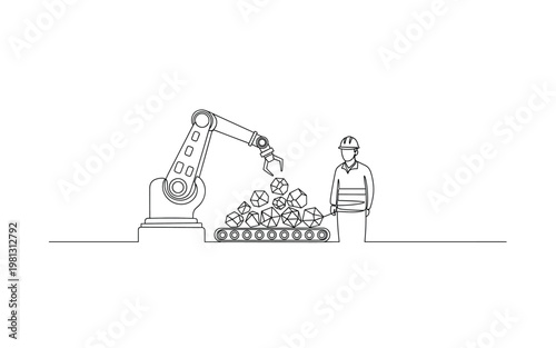 "Industrial Robotics in Mining". Minimalistic one-line drawing robotic arm sorting minerals with worker monitoring nearby, continuous single black line on