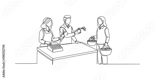 Local produce shopping. A single shopper holds a basket while selecting fresh items from a simple stand, guided by subtle arrows. Small sparkles and leaf icons