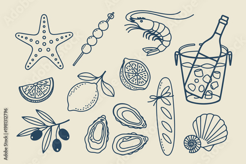 Hand-drawn seafood and beverage starfish, shrimp, oysters, baguette, lemons, olives, wine bottle in ice bucket