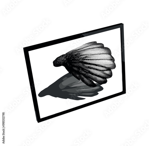A pair of folded wings casting a compact shadow shape on a flat surface, tightly framed and slightly tilted, monochrome halftone illustration, visible print