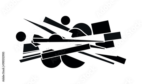 layered objects and forms creating strong visual contrast, black and white elements with bold geometric blocks, abstract circles and lines representing rhythm