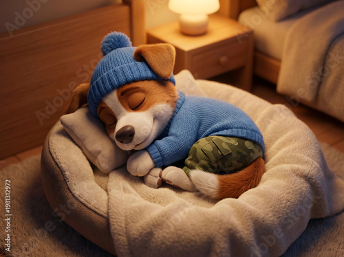 Cute puppy sleeping in cozy bed at home at night