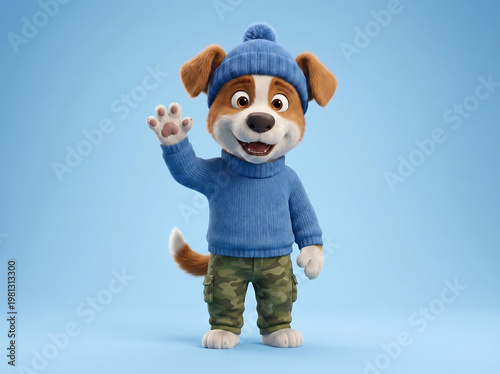 Cute puppy mascot waving with skateboard on blue background