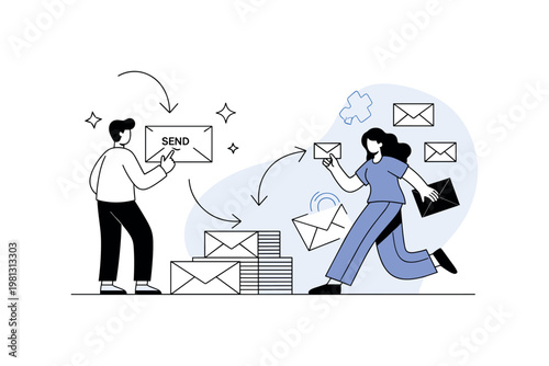Email productivity. A single user clicks send on a message while completed emails stack neatly nearby. Small stars and arrows suggest accomplishment and