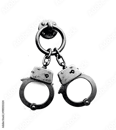 A pair of shackled handcuffs attached to a wall ring, symbolic of confinement, tightly framed and slightly tilted, monochrome halftone illustration with strong