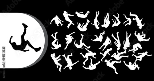 A group of white silhouettes of people falling against a black background with a single black silhouette in a white circle