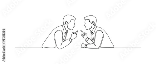 "Deal Discussion". Minimalistic one-line drawing two figures leaning forward in conversation with agreement gesture implied, continuous single black line on