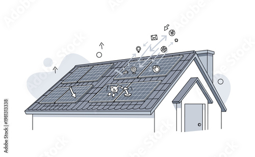 Solar roof tiles. A modern house roof is covered with sleek solar tiles, with sunlight rays hitting the surface and turning into small energy icons. Subtle