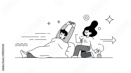 Relaxed awakening. A person stretches under a light blanket with gentle motion lines indicating slow movement. Small sparkles and wave shapes emphasize calm