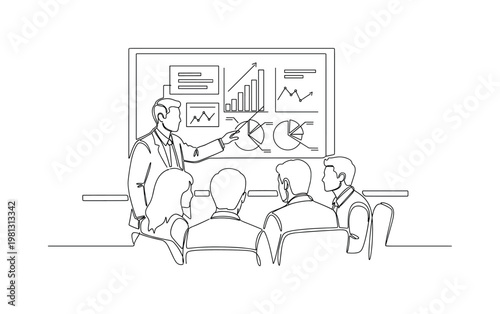"Strategic Planning". Minimalistic one-line drawing manager pointing at charts while team listens attentively in office, continuous single black line on white