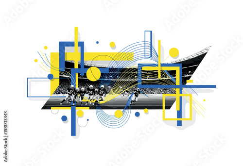 stadium scene with crowd and players in action, black and white environment with dramatic contrast, bold yellow and blue geometric blocks structuring