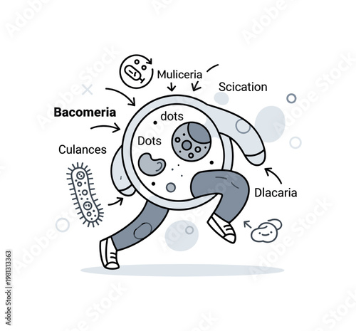 Bacteria cell structure. A central rounded cell shows simple inner elements like a nucleus and dots, with minimal labels and arrows pointing inward. Small