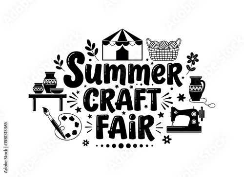 Summer Craft Fair. lettering and all elements in black. Vector style. White background. Pure white background. Perfect isolation and visual consistency. Bold