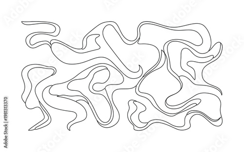 "Abstract Liquid Metal". Minimalistic one-line drawing fluid metallic shapes with flowing curves and reflective form suggestion, continuous single black line