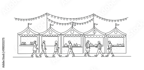 "Seasonal Festival". Minimalistic one-line drawing festive market stalls with hanging lights and people walking, continuous single black line on