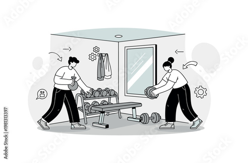 Creating a home gym in the basement. A compact basement corner is transformed with a workout bench, dumbbells, and a wall mirror, while a person adjusts