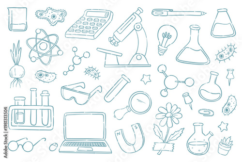 Science doodles, chemistry and biology hand drawn elements collection, bioengineering and microbiology cartoon clip art set. EPS 10