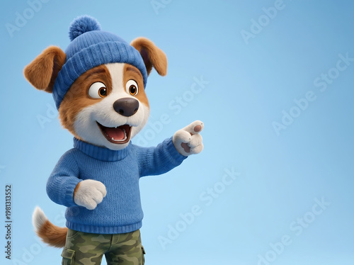 Cute puppy mascot pointing to side on blue background