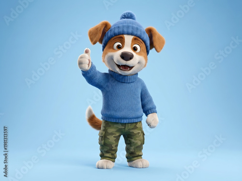 Cute puppy mascot showing thumbs up on blue background