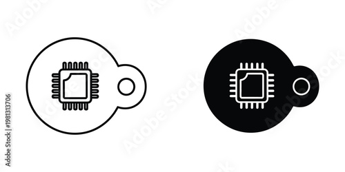 Contrasting visual styles of microchip icons within circular network symbols