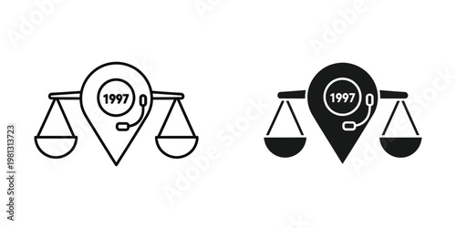 Balancing scales with location marker indicating the year 1997 on both sides