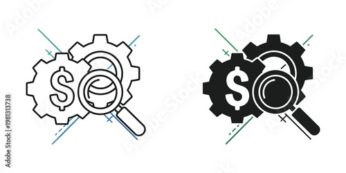 Magnifying glass examining interlocking gears with dollar symbols for financial scrutiny