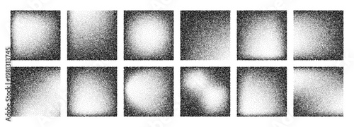 Dot grain stipple noise vector set. Geometric square gradients with shaded point texture. Minimalist monochrome pattern elements for graphic design, retro shader and background overlay.