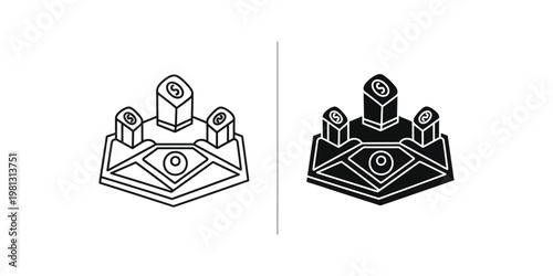 Isometric depiction of a treasure vault with and without shadow effects for visual comparison