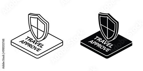 Isometric icons representing travel approval status with contrasting color schemes