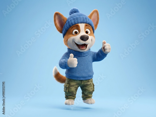 Cute puppy mascot giving thumbs up smiling on blue background