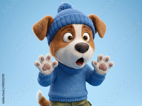 Cute puppy mascot with surprised expression close up on blue background