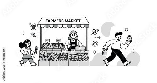 Farmers' markets. A small outdoor stall displays fresh fruits and vegetables neatly arranged, with a friendly vendor standing behind it. Tiny leaf and price