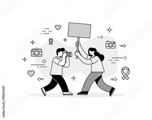 Documenting social justice movements and activism. A photographer captures a protest scene with a central sign held high, while subtle motion lines and icons