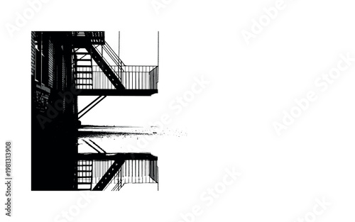 A hanging fire escape casting reflections onto wet ground below, partially visible and cropped, monochrome halftone illustration, visible print dots, editorial