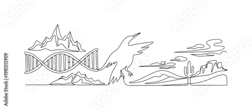 "Genetic Adaptation". Minimalistic one-line drawing DNA strand merging with silhouette of organism in extreme climate landscape, continuous single black line