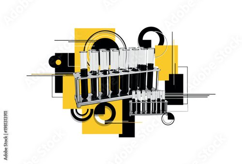 laboratory setup with multiple test tubes and rack arrangement, black and white objects with strong contrast, bold yellow and black geometric blocks
