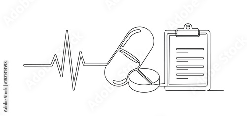 "Healthcare Data Icons". Minimalistic one-line drawing medical symbols like heartbeat line, pill, and clipboard arranged in infographic style, continuous