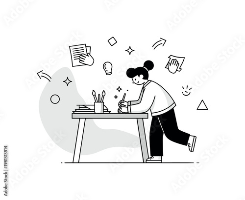 Creative crafting. A single table holds simple art supplies like paper and brushes while a person leans in to create. Small sparkles and shape icons highlight