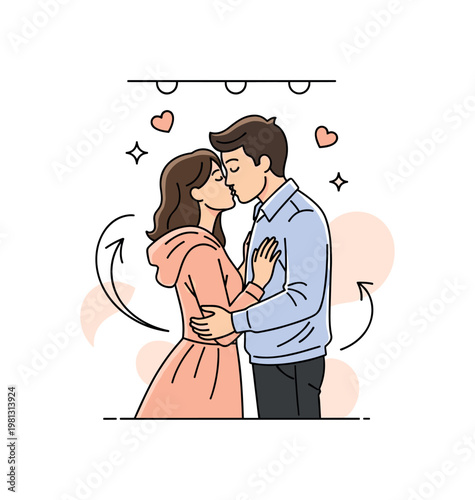 A couple sharing a passionate kiss in a romantic setting. A couple stands close under soft glowing lights, sharing a kiss while subtle heart shapes and