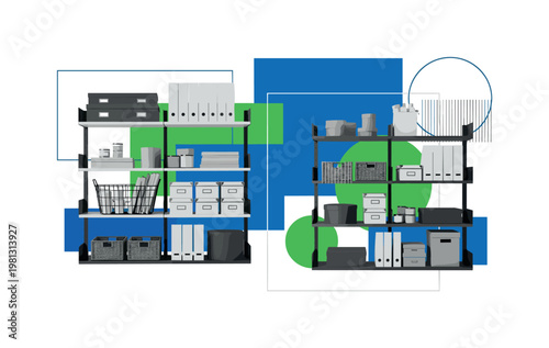 organized home storage shelves with boxes and baskets as main subject, black and white realistic furniture and containers, bold blue and green geometric