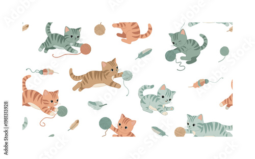 Playful kittens with toys and yarn, seamless pattern, repeating pattern, surface design, textile print, soft color palette, modern illustration, no shadows,