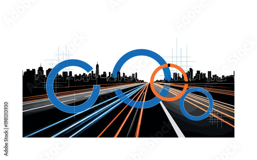 urban skyline captured in timelapse with light trails as main subject, black and white cityscape with high contrast, bold blue and orange geometric lines and